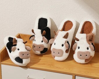 Cow Slippers, Winter Unisex Sliders, Cow Lover, Cute Gift Idea, Gift for him her,  Indoor Non-slip House Slides Slippers, Cow Plush Slippers