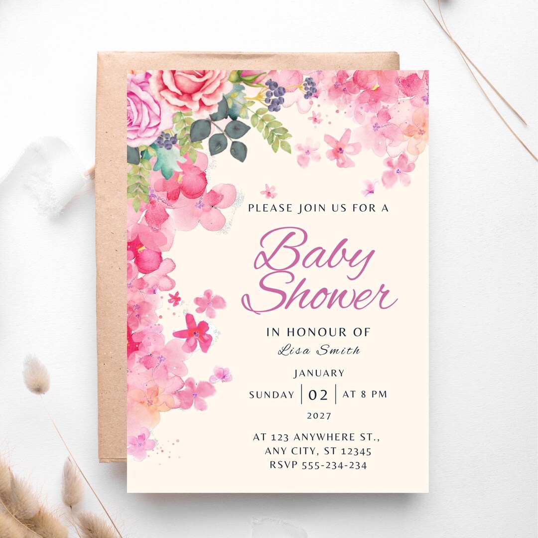 Floral Girl Baby Shower Invitation Template, Editable (digital Invite ...