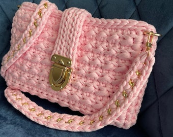 Bolso de hombro de crochet hecho a mano rosa claro/ bolso de hombro/ bolso de mujer/ bolso de niña/ bolso de lujo/bolso/ bolso de punto/