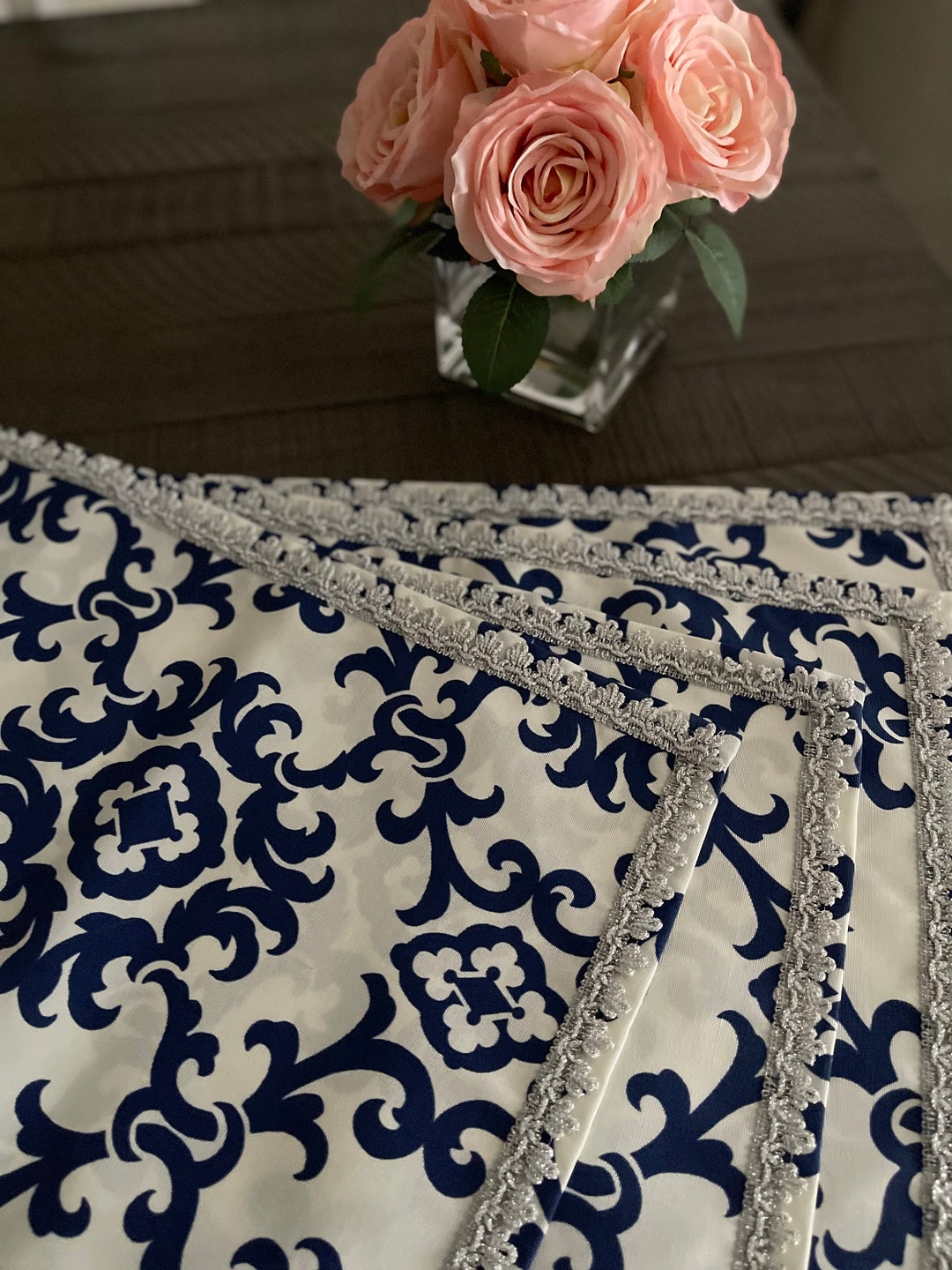 Handmade Placemats Set of 4, Navy off White Placemats,rectangular