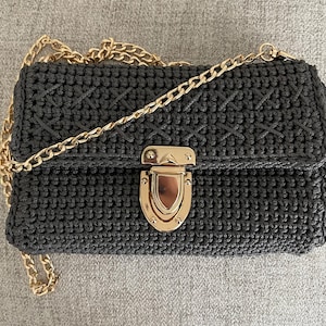 Anthracite crochet shoulder bag,handmade crossbody bag,gold chain bag,knitted bag, shoulder bag, luxury bag, women’s bag,purse,gift for her