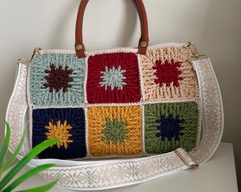 Handmade Colorful Cotton  Granny Square Crochet  Shoulder Bag / Purse