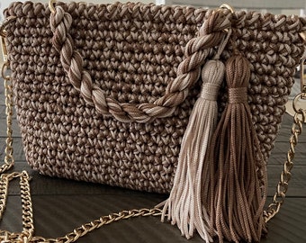 Handmade crochet shoulder crossbody bag/brown and beige women bag/ chain bag/luxury bag/knitted bag/tassels bag