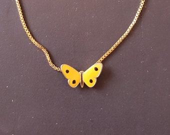 Boho Yellow Enamel Butterfly Necklace, Gold Filled Chain, 16"