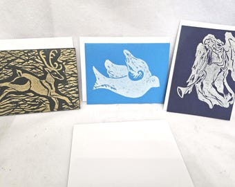 Hand-Printed Holiday Cards, Linocut Block Prints, Set of 10