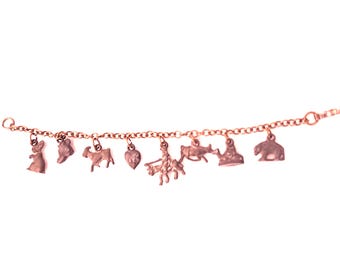 Vintage Farm Animal Charm Bracelet, Cowboy, Goat, Bear, 7"