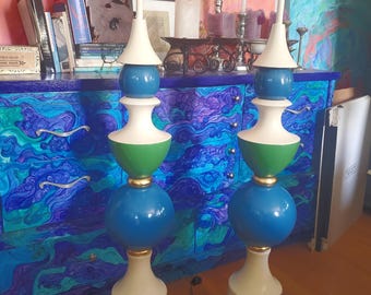 Mid-Century Modern Plaster Lamps: Harlequin Balustrade, Blue Green White Gold, Pair