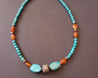 Handmade beaded necklace turquoise amber silver-tone