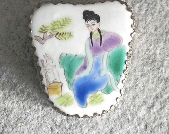 Japanese Enameled Art Box: Vintage Ring/Pill Box with Mirror