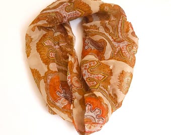70s Paisley Silk Infinity Scarf - MCM Glentey, Brown Beige