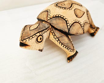 Signed South African Wood Carving: Stylized Turtle Art