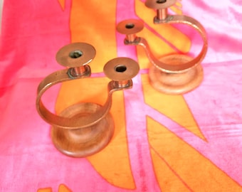 MCM Hand-Forged Copper Candlestick Holders, Wood Base (Set of 2)