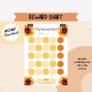 Può includere: Un grafico di ricompense stampabile con un design a girasole. Il grafico ha uno spazio per il nome di un bambino e include una griglia di 20 cerchi da colorare come ricompense. Il testo "Ce l'ho fatta! La mia ricompensa è..." si trova nella parte inferiore del grafico.