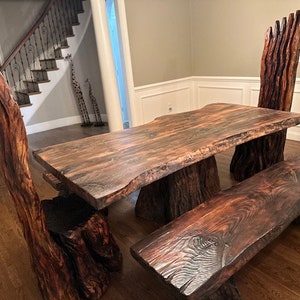 Dining Wood Carved Table,2 benches, King and Queen chairs