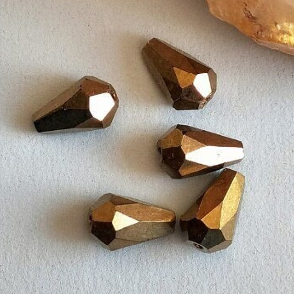 Czech Fire-polished Golden-Bronze Faceted Beads Tear Drop Shape for Unique Earrings, Charm Bracelets  Lead-Free New Czech Glass for Craft