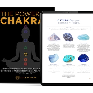 May include: A digital tablet displaying a page from a guide to crystals, yoga, and mantras. The page is titled "Crystals for your Throat Chakra" and features images of various crystals with descriptions of their properties. The crystals are blue, turquoise, and light blue.