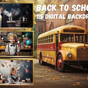 Back to school Digital Backdrop Graduation Background Vintage yellow Bus Vintage Class Festive school Decoration School Themed Custom Photo