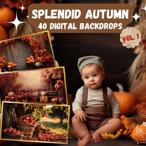 May include: A baby in brown overalls and a cap sits in front of a backdrop of pumpkins and autumn leaves. The image includes three digital backdrops with fall scenes, and the text "SPLENDID AUTUMN 40 DIGITAL BACKDROPS VOL. 1."