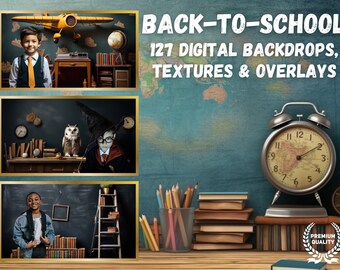 May include: A set of 127 digital backdrops, textures, and overlays for back-to-school photography. The image shows three different scenes with children in various settings, including a classroom, a library, and a magical setting. The backdrops are designed to create a fun and engaging atmosphere for school-themed photos.