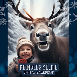 Reindeer Selfie Digital Backdrop Santa&#39;s Reindeer Christmas background for Kid&#39;s Portrait Photo Funny Caribous Christmas Photo Composite