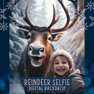 Reindeer Selfie Digital Backdrop Santa&#39;s Reindeer Christmas background for Kid&#39;s Portrait Photo Funny Caribous Christmas Photo Composite