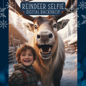 Selfie with funny Reindeer Digital Backdrop Santa&#39;s Reindeer Christmas background for Photo Composite Funny Christmas Prop with Santa&#39;s Rudy