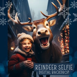 Lustige Reindeer Selfie Digitaler Hintergrund Santa's Reindeer Weihnachtshintergrund für Kinderporträtfoto zusammengesetztes lächelndes Karibusfoto