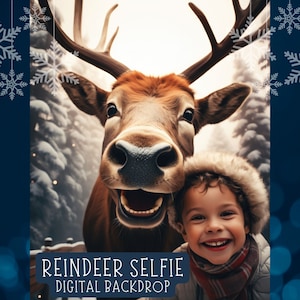 Reindeer Selfie Digital Backdrop Santa&#39;s Reindeer Christmas background for Kid&#39;s Portrait Photo Funny Caribous Christmas Photo Composite