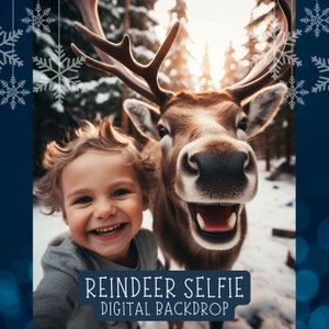 Reindeer Selfie Digital Backdrop Santa&#39;s Reindeer Christmas background for Kid&#39;s Portrait Photo Funny Caribous Christmas Photo Composite