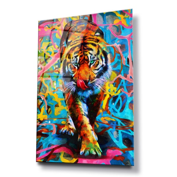 Multicolour abstract Tiger glass wall art, HD digital print on glass poster wall hanging, Eye catching modern wall décor, Canvas alternative