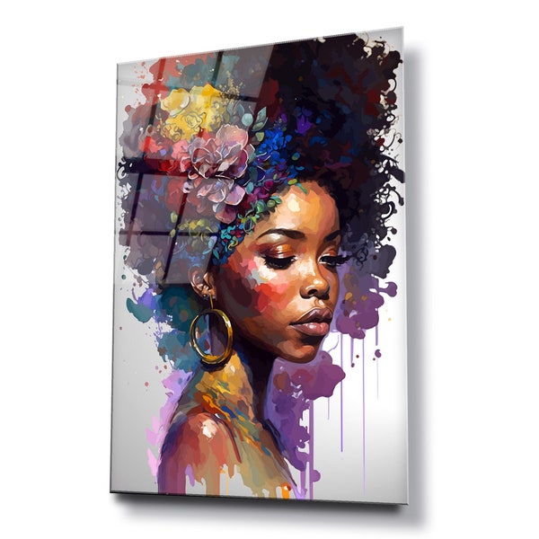 Beautiful black female glass wall art, HD digital print on glass poster wall hanging, Eye catching modern wall décor, Canvas alternative