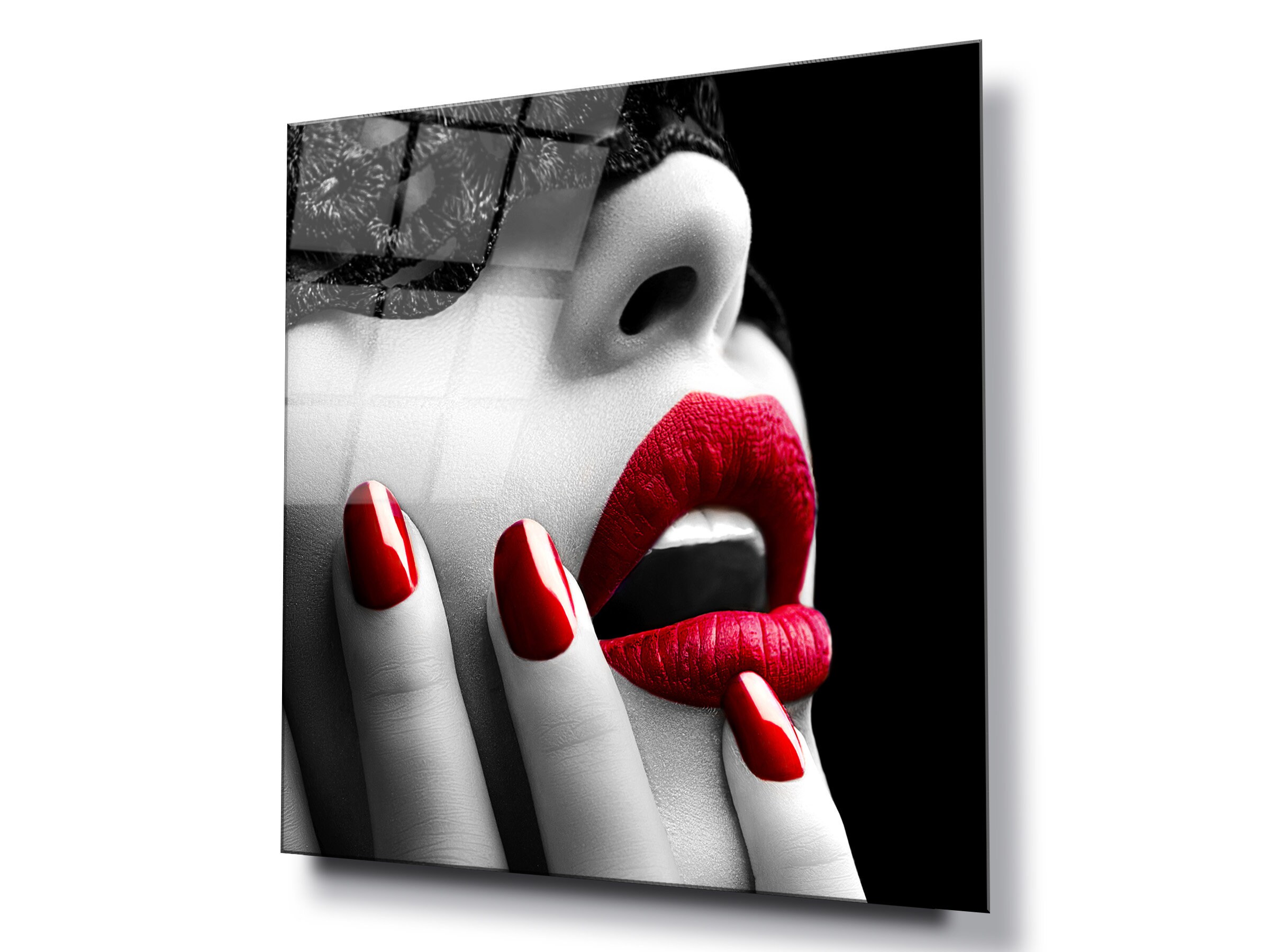 Beautiful red lips glass wall art, HD digital print on glass poster wall hanging, Eye catching modern wall décor, Canvas alternative