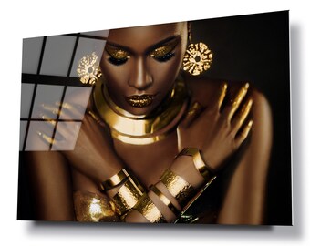 Glamorous black woman in gold glass wall art, HD digital print on glass poster wall hanging, Eye catching wall décor, Canvas alternative