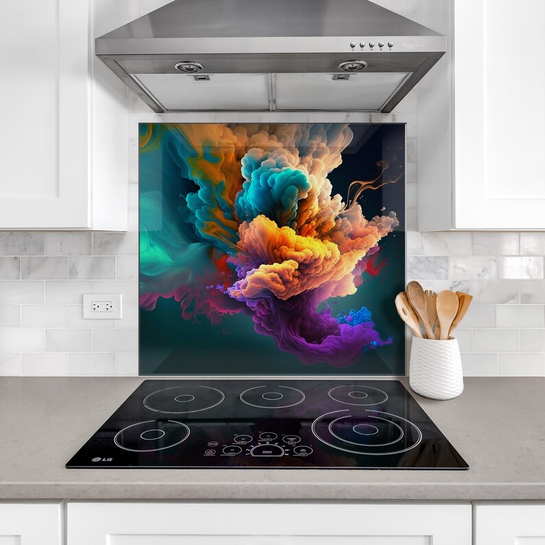May include: A colorful abstract design with swirling clouds of teal, orange, purple, and pink on a dark blue background. The design is printed on a glass backsplash for a kitchen.