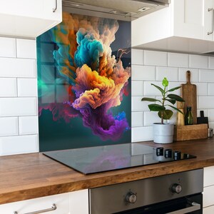 May include: Abstract kitchen backsplash with a colorful design of swirling clouds in shades of teal, purple, orange, and pink on a dark green background.