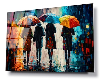 Walking in the rain glass wall art, HD digital print on glass poster wall hanging, Eye catching modern wall décor, Canvas alternative