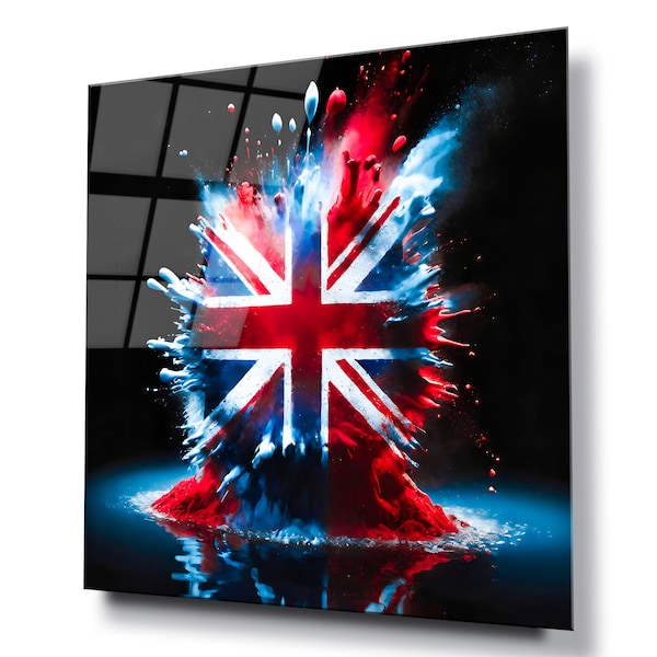 Union Jack flag splash glass wall art, HD digital print on glass poster wall hanging, Eye catching modern wall décor, Canvas alternative