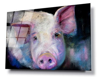 Pig pastel portrait glass wall art, HD digital print on glass poster wall hanging, Eye catching modern wall décor, Canvas alternative