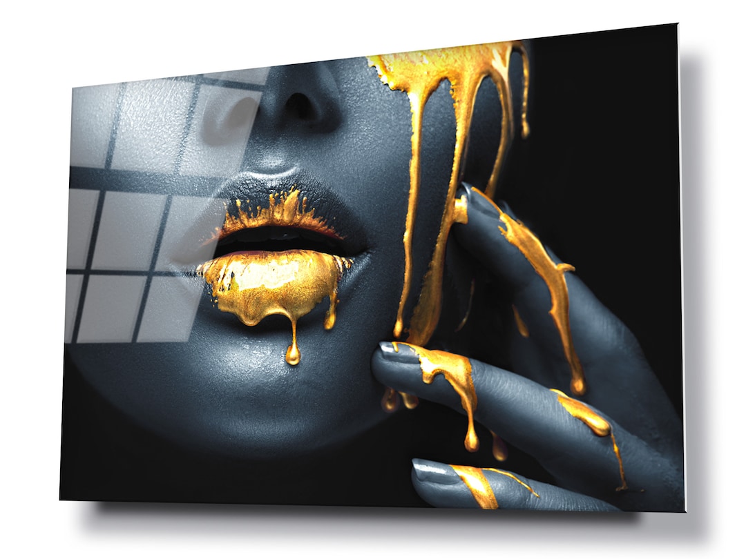 Golden Lips Glass Wall Art Print, HD Digital Print on Glass Poster Wall ...