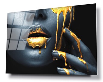 Golden lips glass wall art print, HD digital print on glass poster wall hanging, Eye catching modern wall decor, Canvas alternative