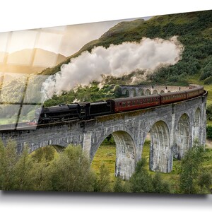Steam train crossing the Glenfinnan viaduct glass wall art, HD digital print on glass poster wall hanging, Eye catching modern wall décor