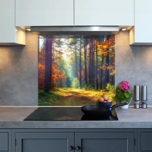 May include: A modern kitchen with a glass splashback featuring a scenic forest scene. The splashback is above a black electric hob with a black frying pan on the counter. There are three brown eggs in a white bowl on the counter.