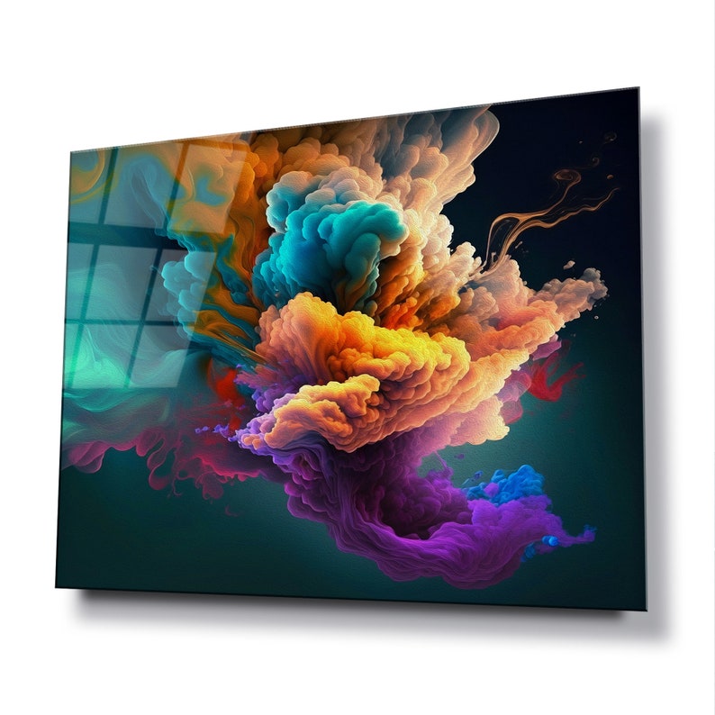 May include: Abstract art print featuring a colorful explosion of swirling paint in shades of teal, orange, purple, and pink against a dark green background.