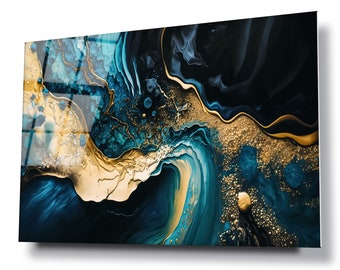 Abstract blue gold marble glass wall art, HD digital print on glass poster wall hanging, Eye catching modern wall décor, Canvas alternative