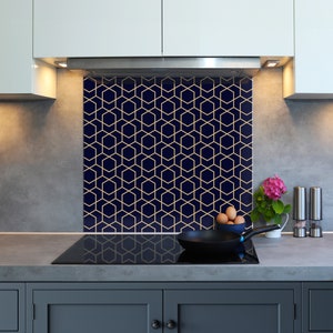 Modern navy honeycomb tile effect kitchen glass splashback - Heat resistant 6mm toughened glass printed backsplash - glass tile cooker panel