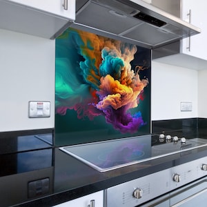 May include: A colorful abstract kitchen backsplash with a design of swirling clouds in shades of teal, orange, purple, and pink against a dark green background.