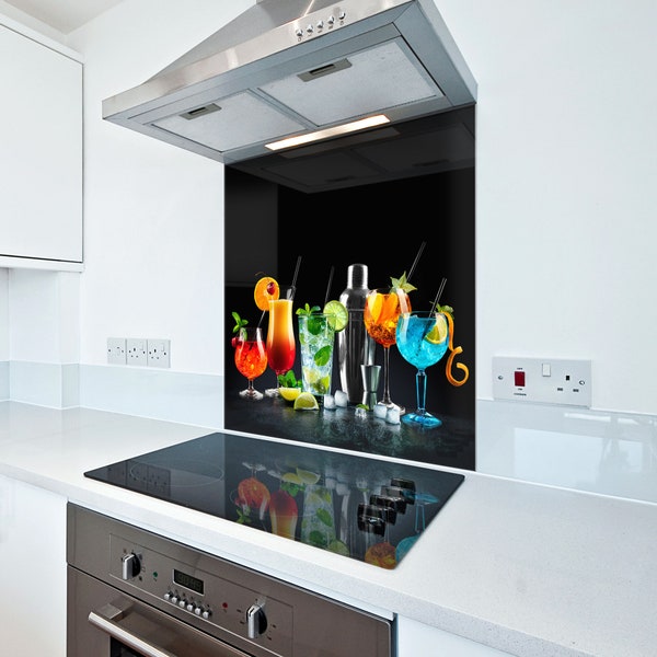 Colourful cocktails kitchen glass splashback - Heat resistant 6mm toughened glass printed backsplash- Kitchen glass tile cooker panel