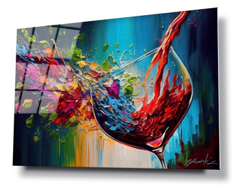 Colourful Wine Spalsh glass wall art, HD digital print on glass poster wall hanging, Eye catching modern wall decor, Canvas alternative