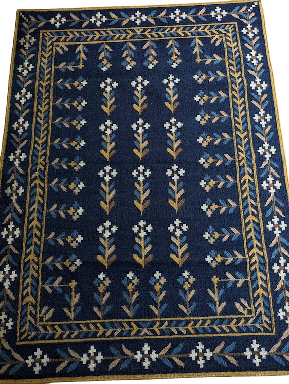 Handwoven Kilim Rug: 8x10 Wool, Navy Blue Floral