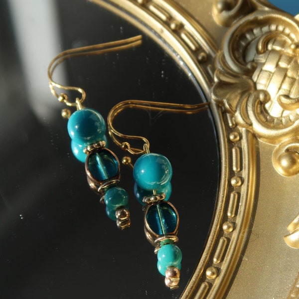 Kate Sharma Bridgerton Inspired | Blue Teal Turquoise Gold Beaded Dangle Drop Handmade Earrings